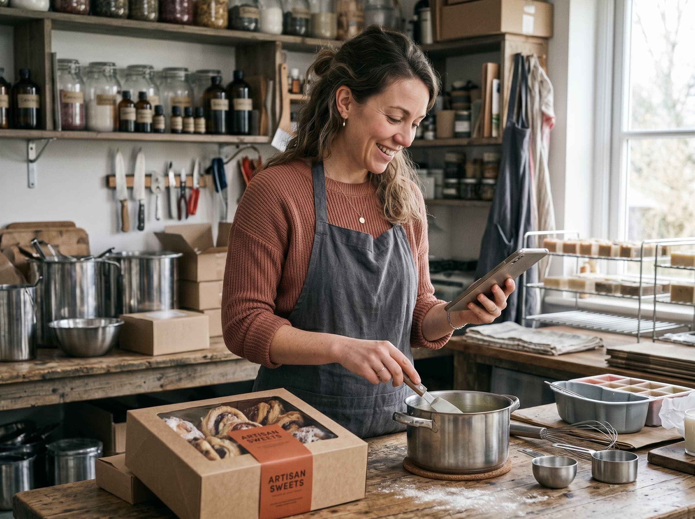 Empreendedora sorrindo enquanto gerencia seu negócio pelo celular